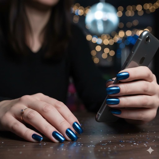 Manicura brillante con espejo metálico