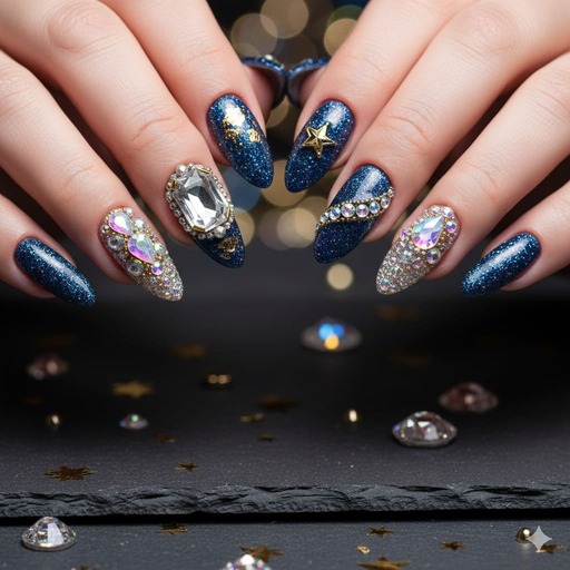 Manicura brillante con uñas joya