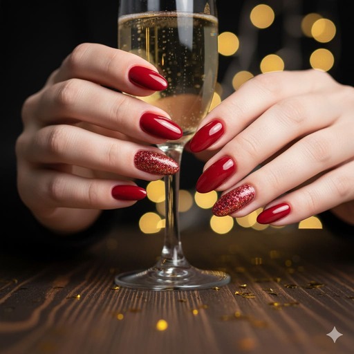 Manicura brillante en rojo escarlata con un toque de glitter